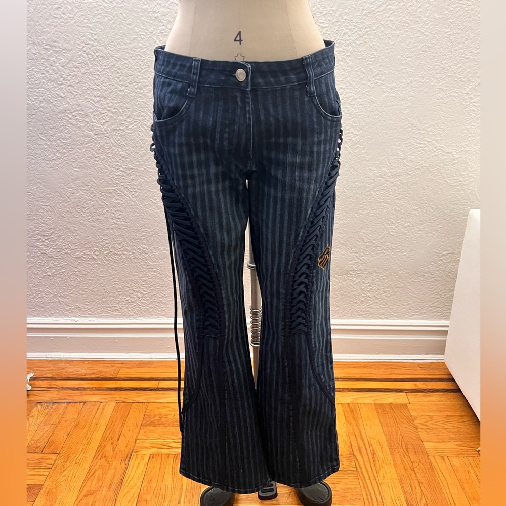 AMAZING Y2K Rocawear Lace Up Low Rise Denim Pinstripe Jeans